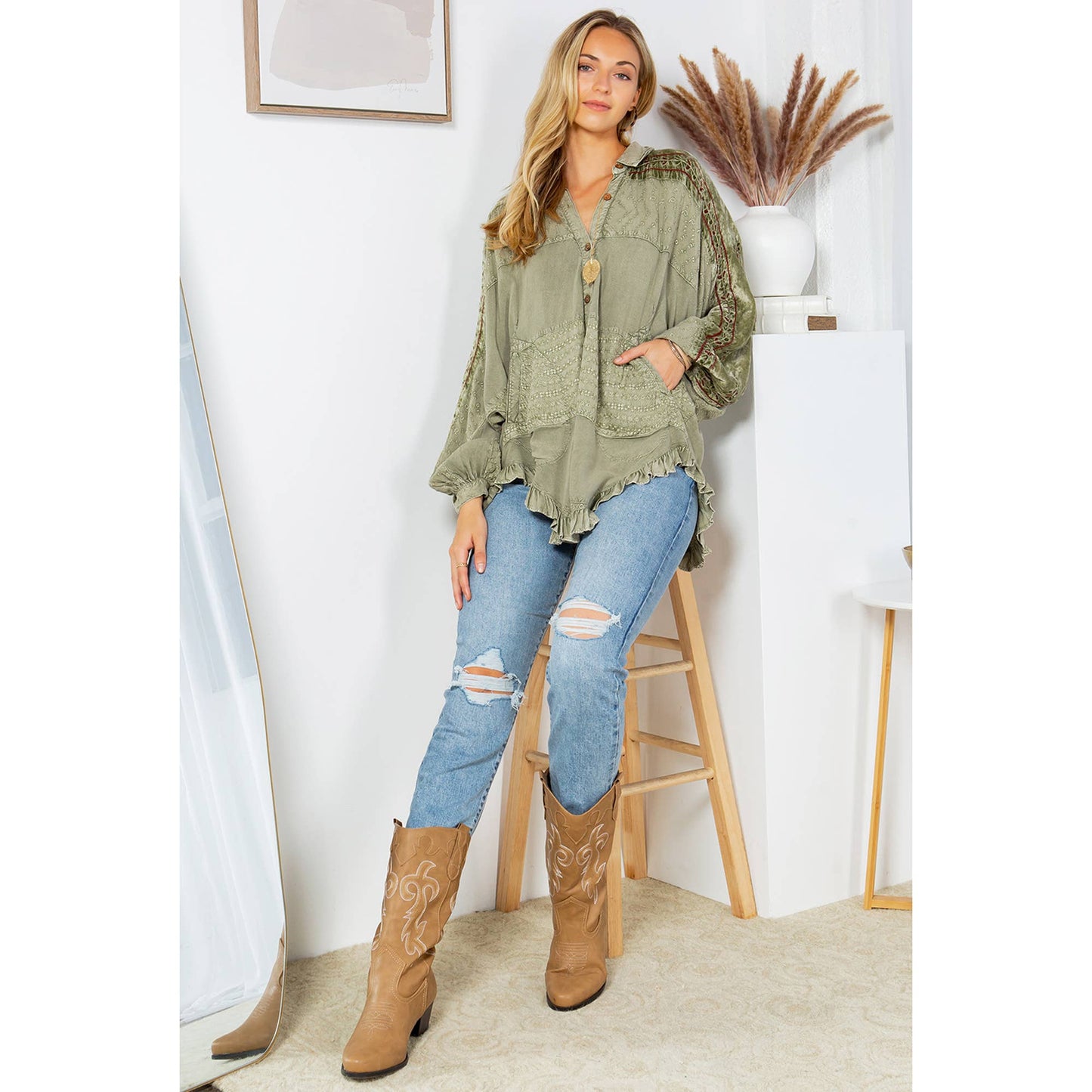 Bohemian Elegance: Stonewashed Rayon Bat Sleeve Top: Olive / (S-M-L-XL 1-2-2-1)