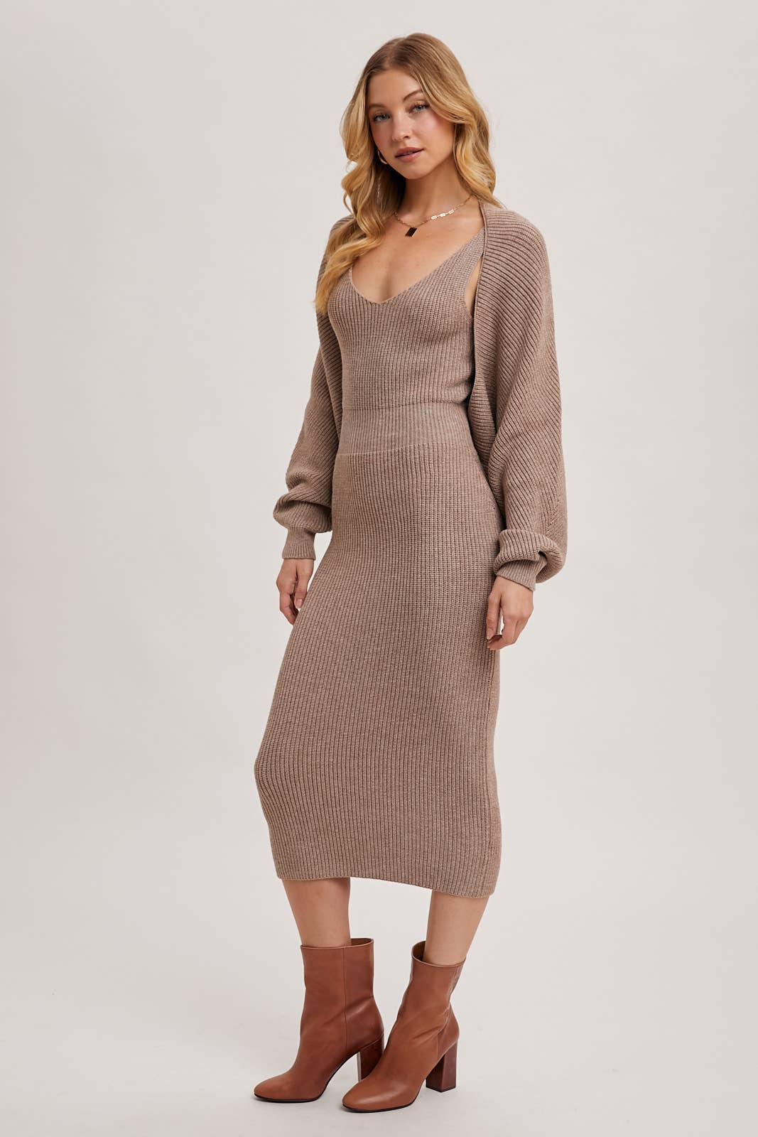 V-NECK KNIT MIDI DRESS AND KNIT SHRUG SET