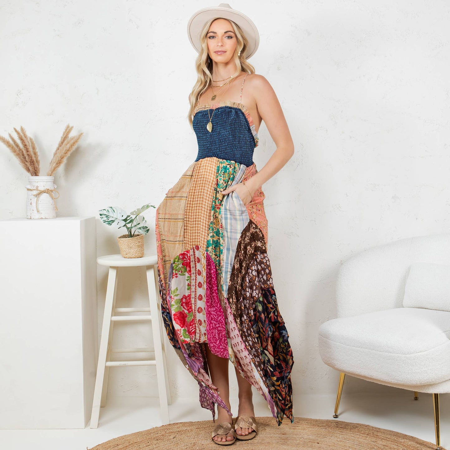 Preorder: Handkerchief Hem Mid-Length Dress with Patches NEW