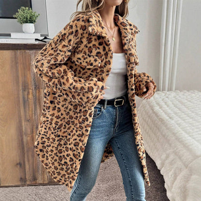 Women Oversized Leopard Print Faux Fur Mid-Length Coat
