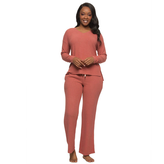 Serena Brushed Rib V-neck Pullover and Pants Set - Marsala