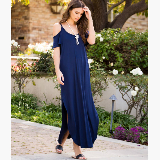 SD5050 Ruffled Cold-shoulder Maxi Dress: M / Navy