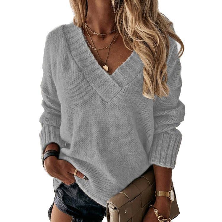 Women Solid Color V-Neck Long Sleeve Knit Pullover Sweater