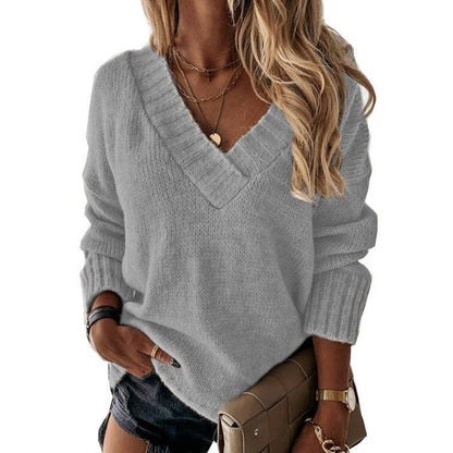 Women Solid Color V-Neck Long Sleeve Knit Pullover Sweater