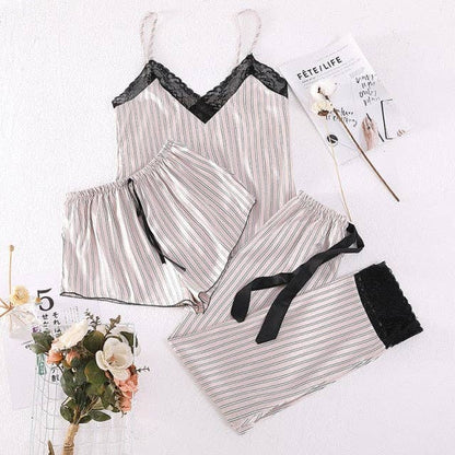 3 Piece Pajamas Stripe Pajamas Sets Women Lace Strap: Silver / S