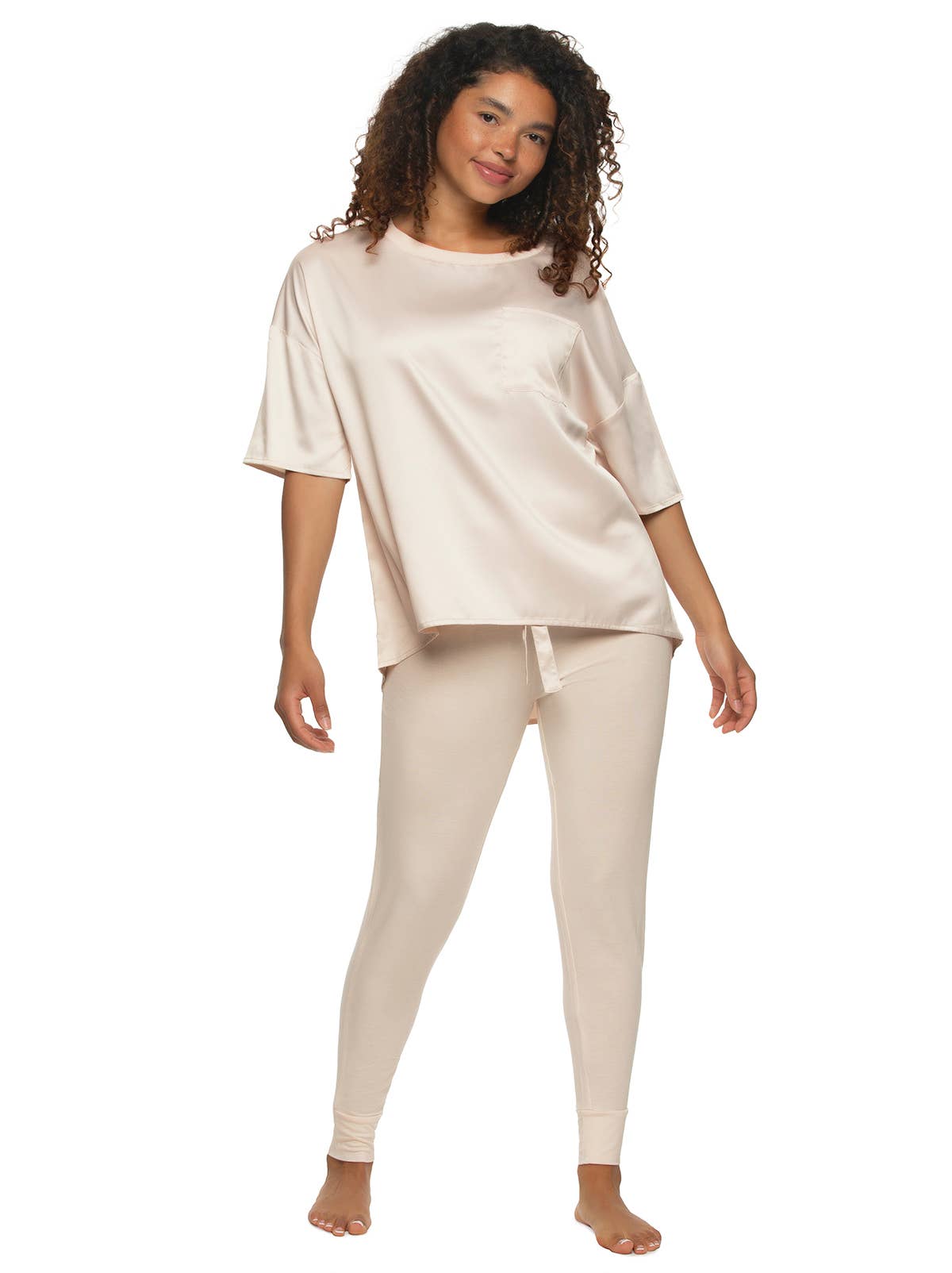 Elysees Satin Tee and Knit Jogger Set: Black (BLK) / XL