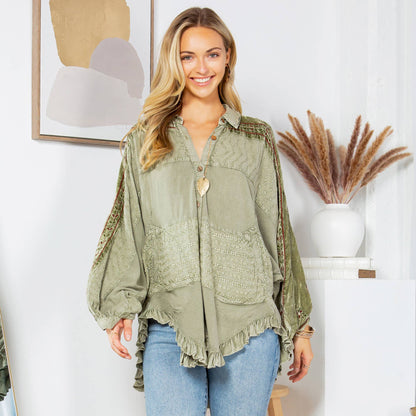 Bohemian Elegance: Stonewashed Rayon Bat Sleeve Top: Olive / (S-M-L-XL 1-2-2-1)