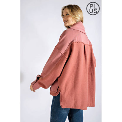 PLUS COTTON FRENCH TERRY MINERAL WASHED JACKET: Mocha / 3X