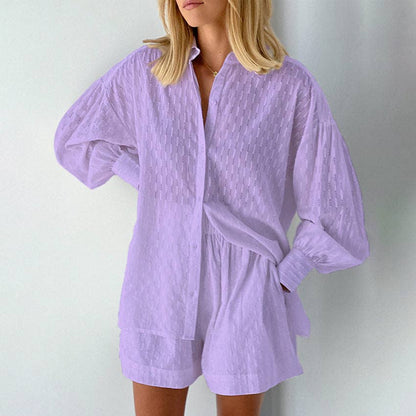 Summer Women's Blouse Bubble Sleeve Shorts Set