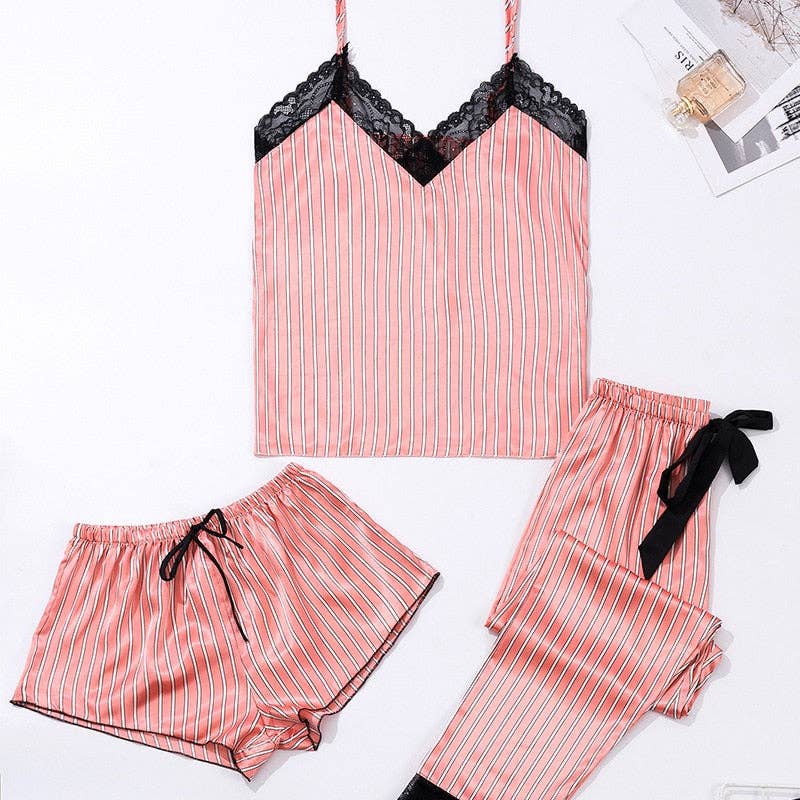 3 Piece Pajamas Stripe Pajamas Sets Women Lace Strap: Silver / S