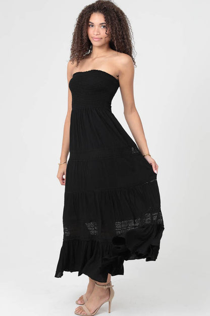 C4D78-ASIS LACE TRIM SMOCKED BUST STRAPLESS MAXI DRESS