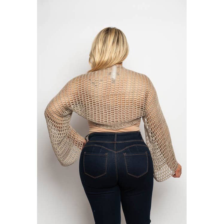 PLUS SIZE FISHNET LONG SLEEVE OPEN FRONT CROPPED BOLERO CARD