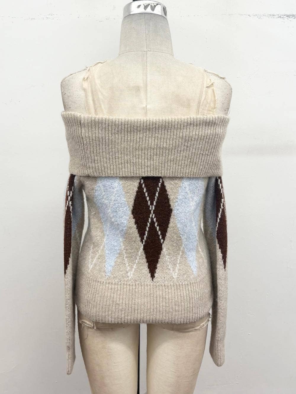 Off-the-Shoulder Argyle Knit Sweater