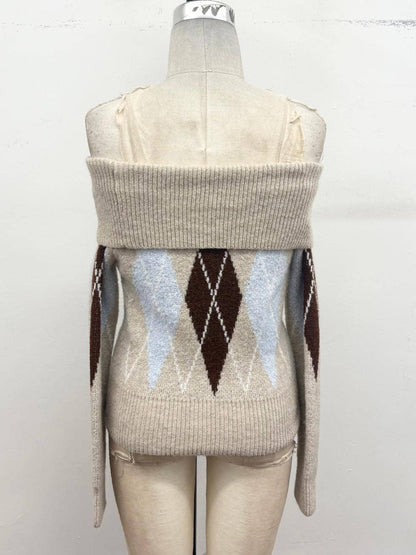 Off-the-Shoulder Argyle Knit Sweater