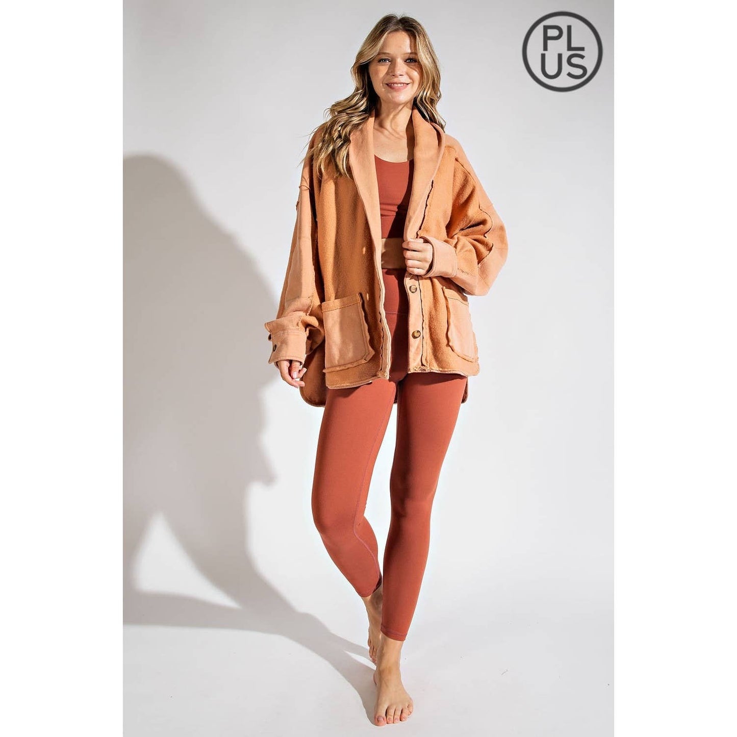 PLUS COTTON FRENCH TERRY MINERAL WASHED JACKET: Mocha / 2X