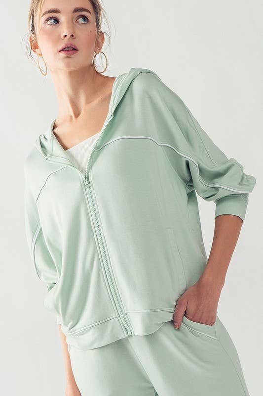 KJR11898 HOODED ZIP UP OUTER SEAM SWEATER: SURF SPRAY / S-2/M-2/L-2