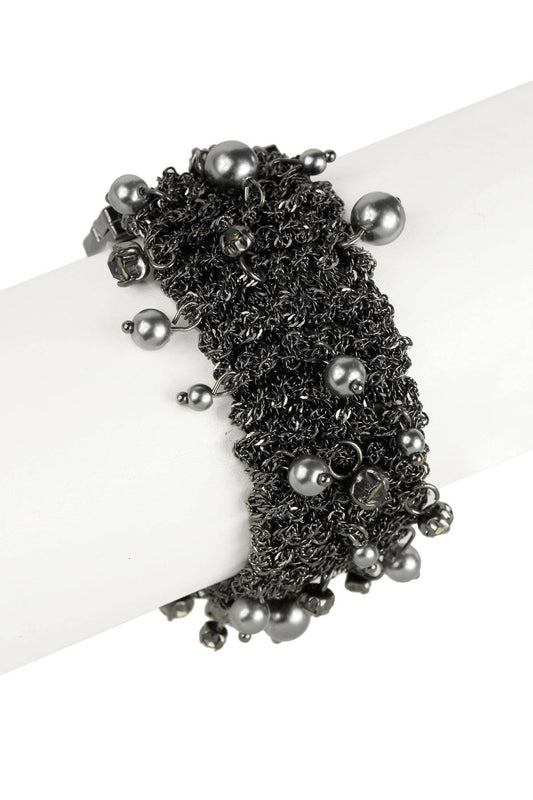 Crochet Chain Bracelet Gunmetal with Pearls and Crystals