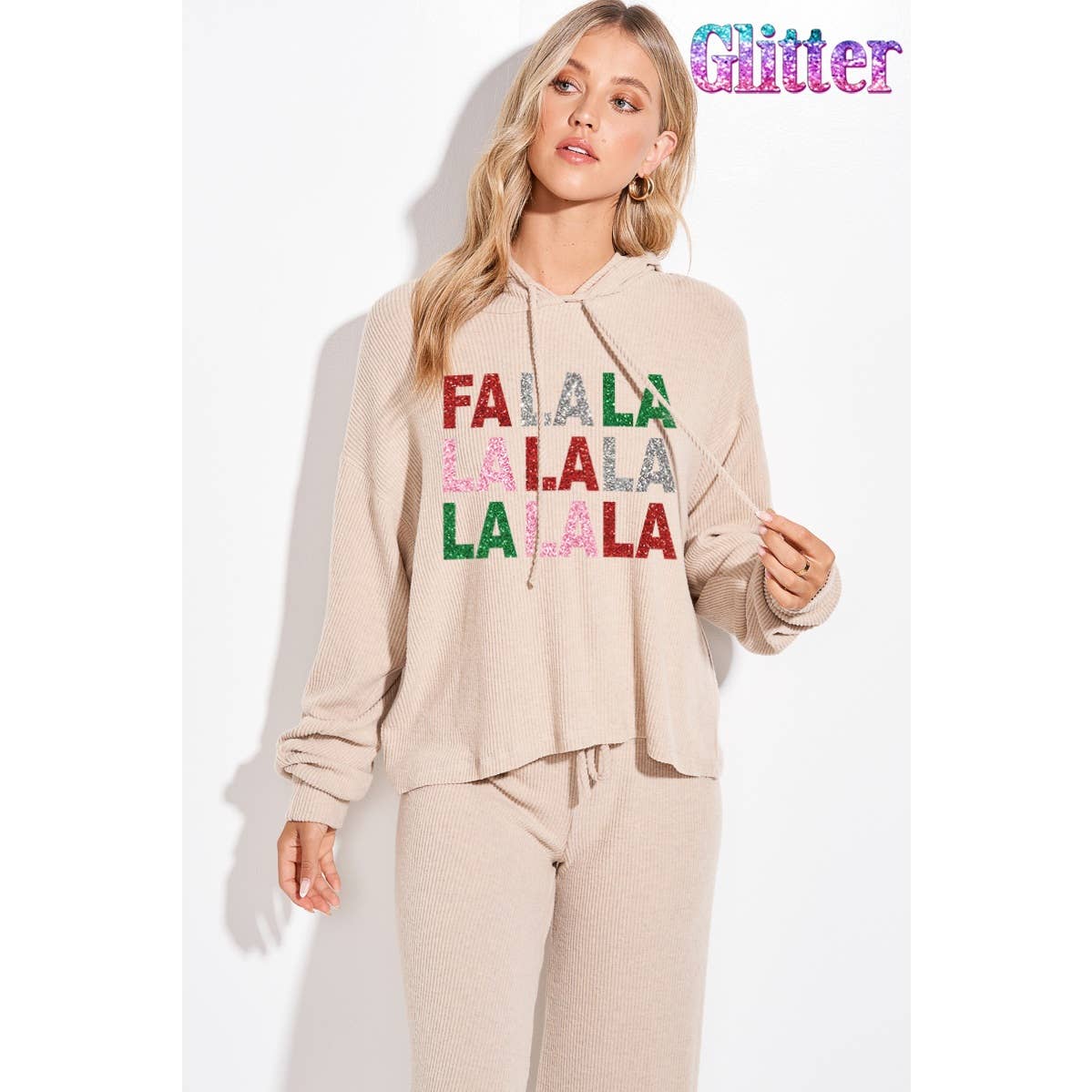 Falalala glitter print rib Hoodie loungewear set