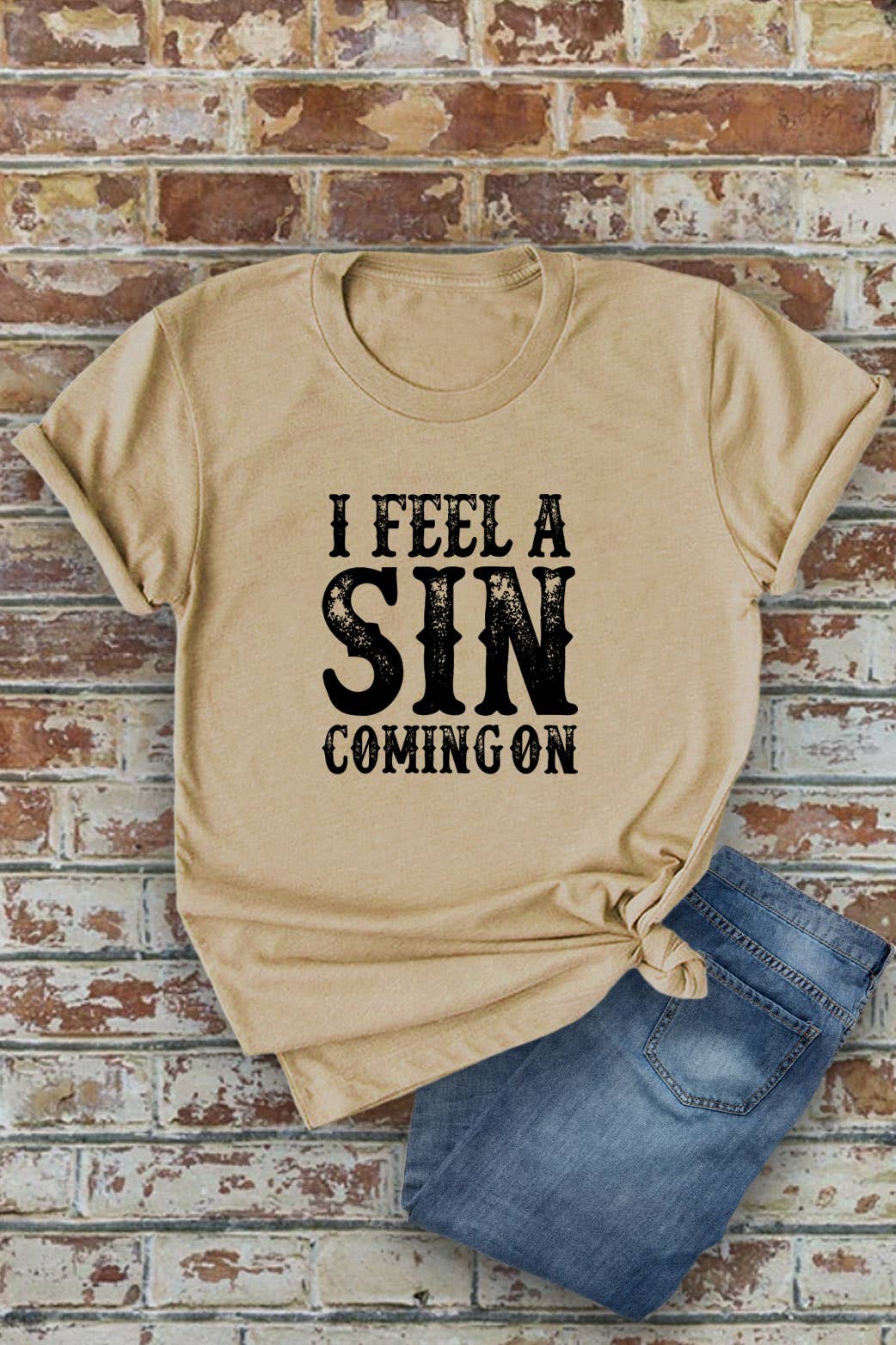 I Feel a SIN Coming On, small UNISEX Round Neck T-Shirt: Black / S