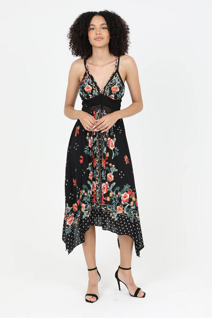 C4B17-A652 V NECK HANKY HEM MIDI DRESS WITH LACE WAIST