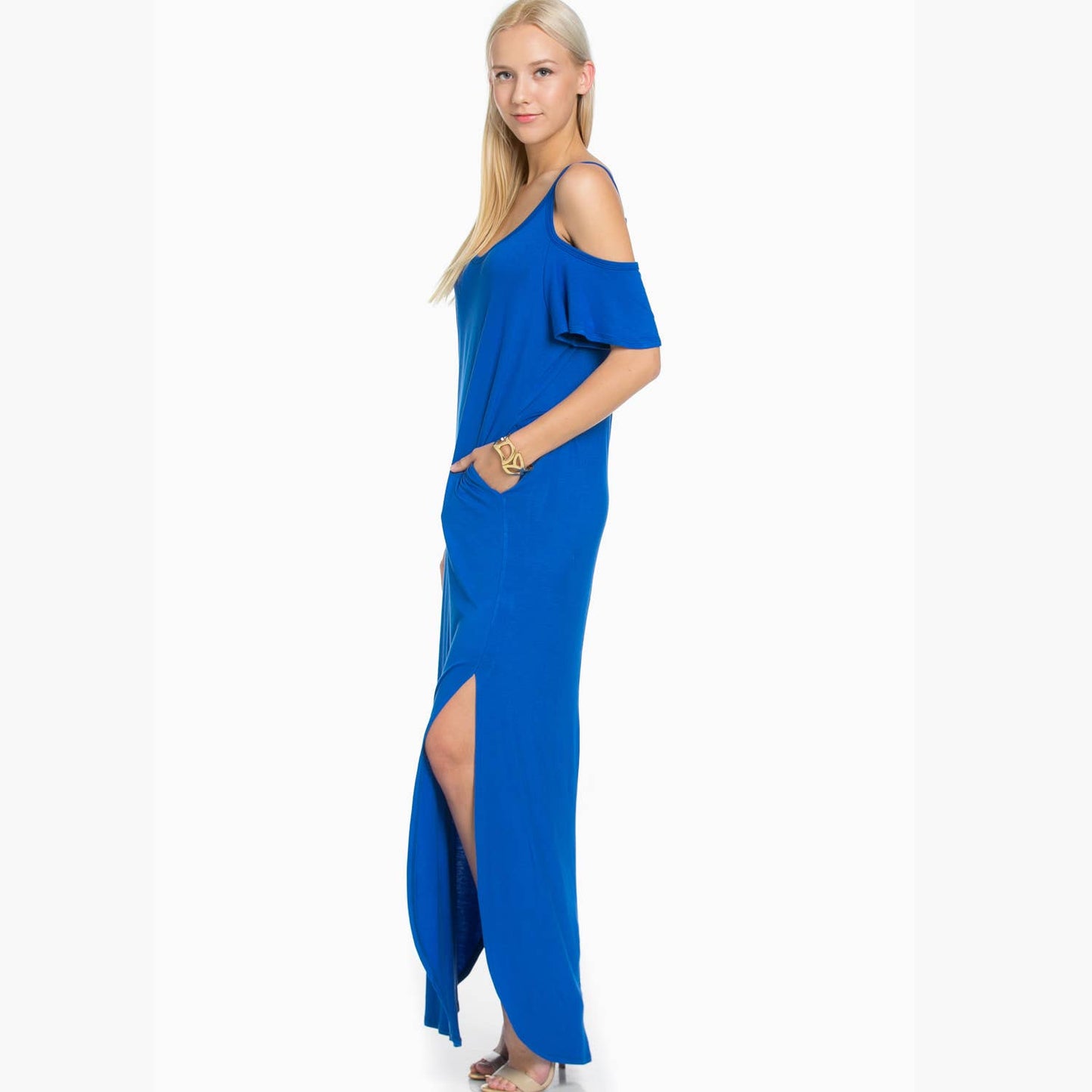 SD5050 Ruffled Cold-shoulder Maxi Dress: M / Navy