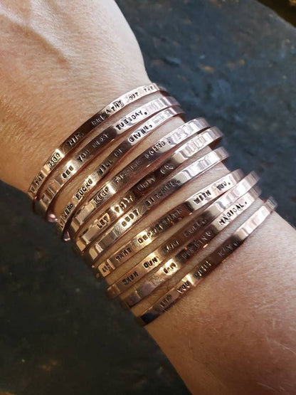 Mantra Cuff Bracelet - Pick Your Wording Up To 12 Words - Copper Or Brass Gold Cuss Cuff. Swearing, Adult, Stackable Bangle Bracelet