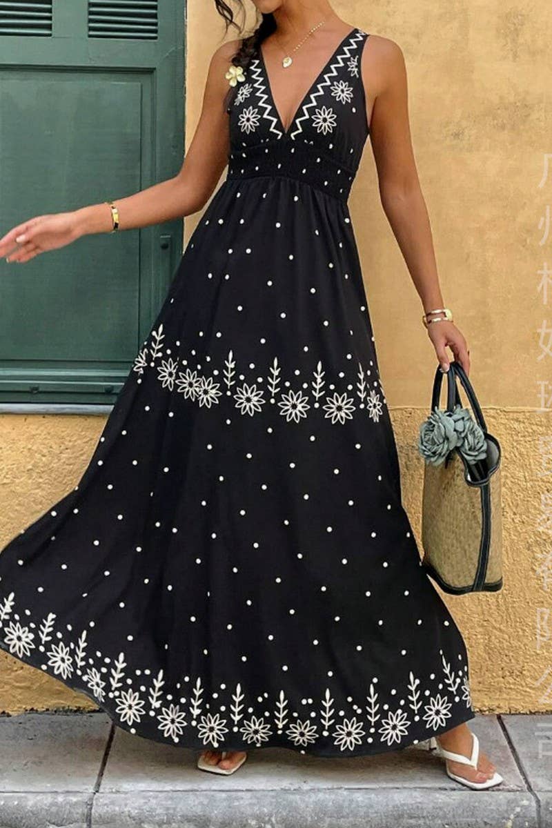 CWDHL0947_SUMMER V-NECK BOHEMIAN LONG DRESS