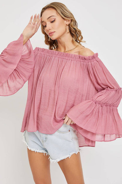 OFF SHOULDER TIERED BELL SLEEVE TOP: EARL GREY / L