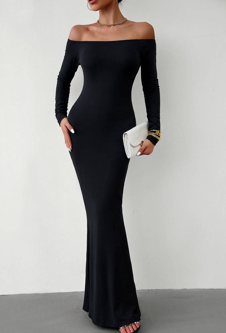 Long Sleeve Maxi Dress: Black / S Off Shoulder Solid Longline Lounge