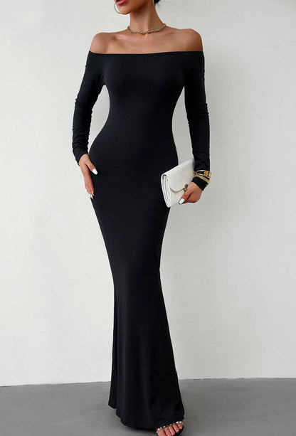 Long Sleeve Maxi Dress: Black / S Off Shoulder Solid Longline Lounge