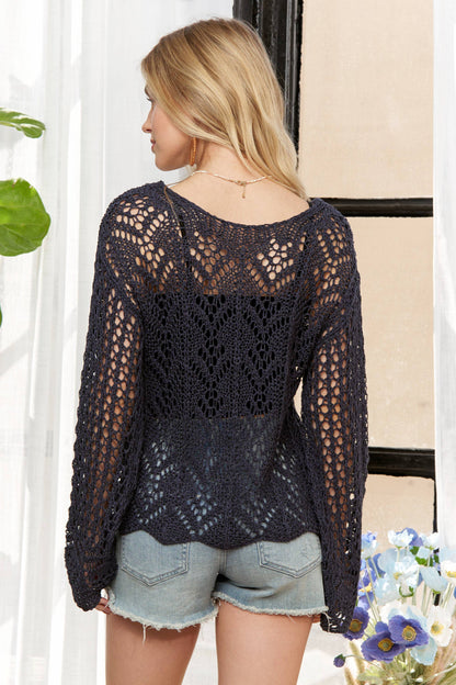 CESW3797WN- LONG SLEEVES ROUND NECK CROCHET TOP