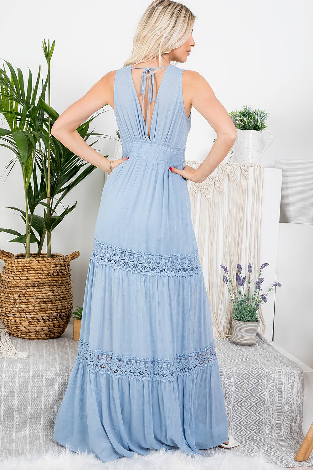 CROCHET LACE WOVEN MAXI DRESS: L / SLATE BLUE