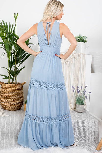 CROCHET LACE WOVEN MAXI DRESS: L / SLATE BLUE