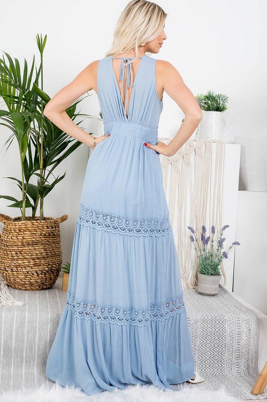 CROCHET LACE WOVEN MAXI DRESS: L / SLATE BLUE
