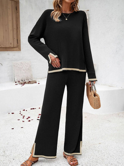Black,Solid Color Knit Long Sleeve Sweater Pant Lounge Set