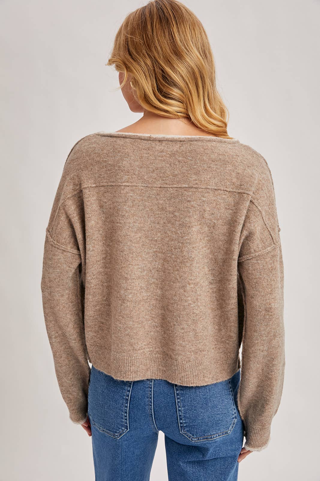 BOAT NECK ROLLED TRIM SOFT HEATHERED KNIT PULLOVER