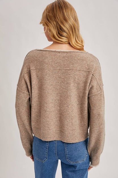 BOAT NECK ROLLED TRIM SOFT HEATHERED KNIT PULLOVER