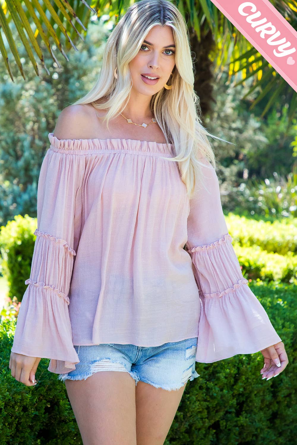PLUS SIZE  OFF SHOULDER TIERED SLEEVE TOP: ICE BLUE / Plus Size / 3XL