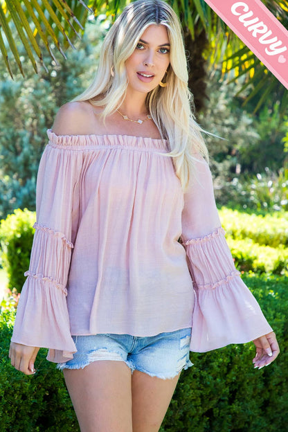 PLUS SIZE  OFF SHOULDER TIERED SLEEVE TOP: ICE BLUE / Plus Size / 3XL