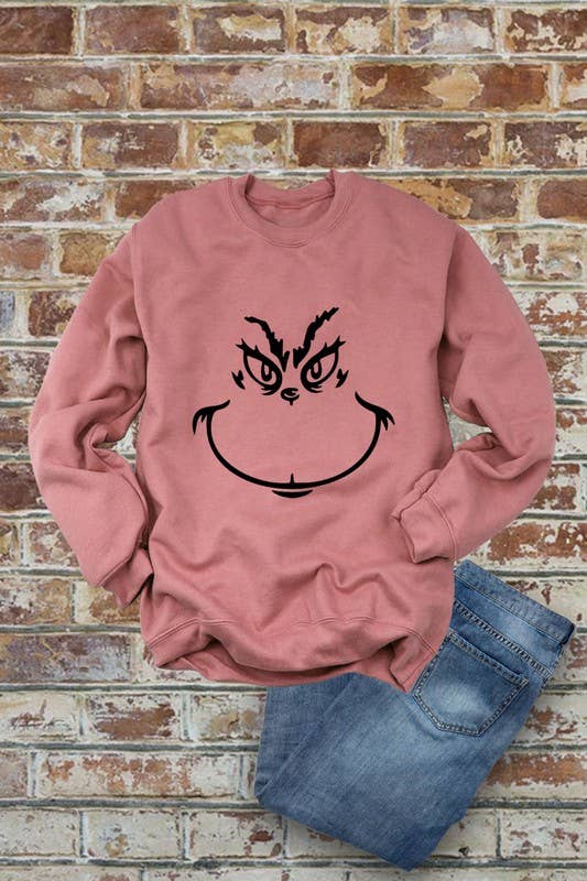 Grinch Face, Christmas, Unisex Crewneck Fleece Sweatshirts: Charcoal / M