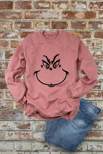 Grinch Face, Christmas, Unisex Crewneck Fleece Sweatshirts: Charcoal / M