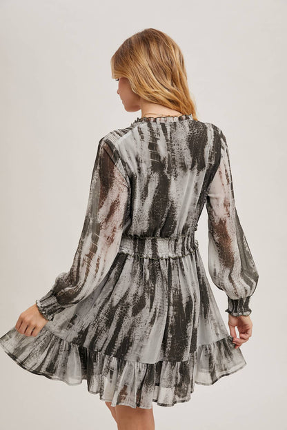 ANIMAL PRINT LONG SLEEVED V-NECK MINI DRESS