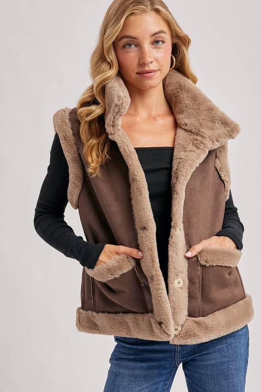 FAUX SUEDE WITH FAUX SHEARLING LINING TRIM VEST