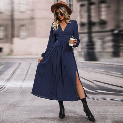 Long Sleeve Solid Color A-Line Midi Dress