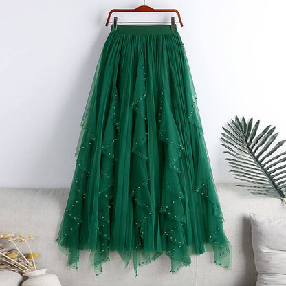 BEADED MESH PLEATED SKIRT A LINE TULLE SKIRT_CWBLS0398