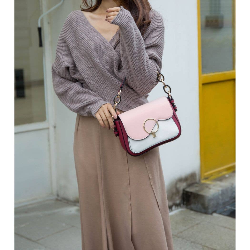 Fantasia Solid Crossbody Handbag Vegan Leather Women by Mia: Ivory-Cognac-Navy