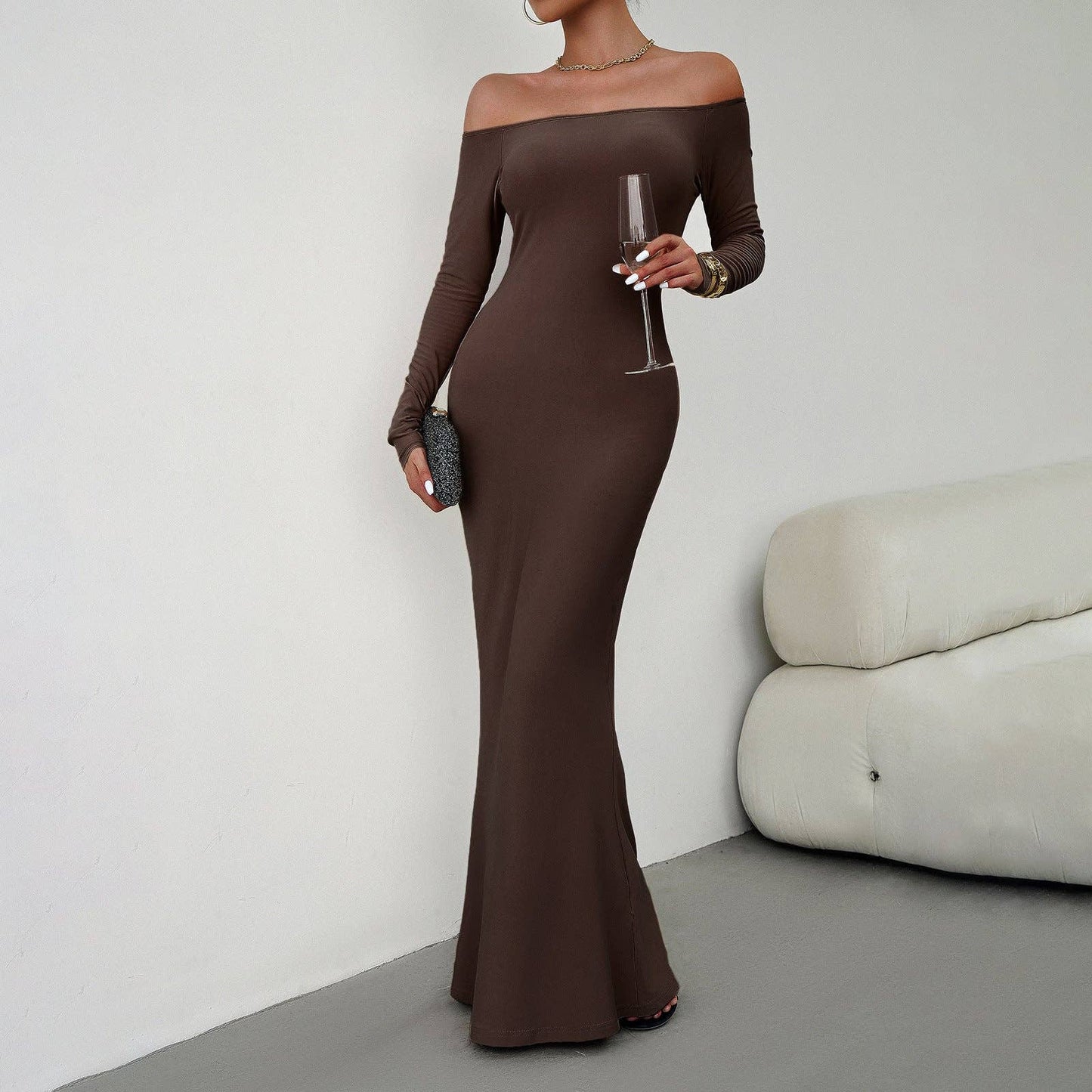 Long Sleeve  Maxi Dress: Black / L Off Shoulder Solid Longline Lounge
