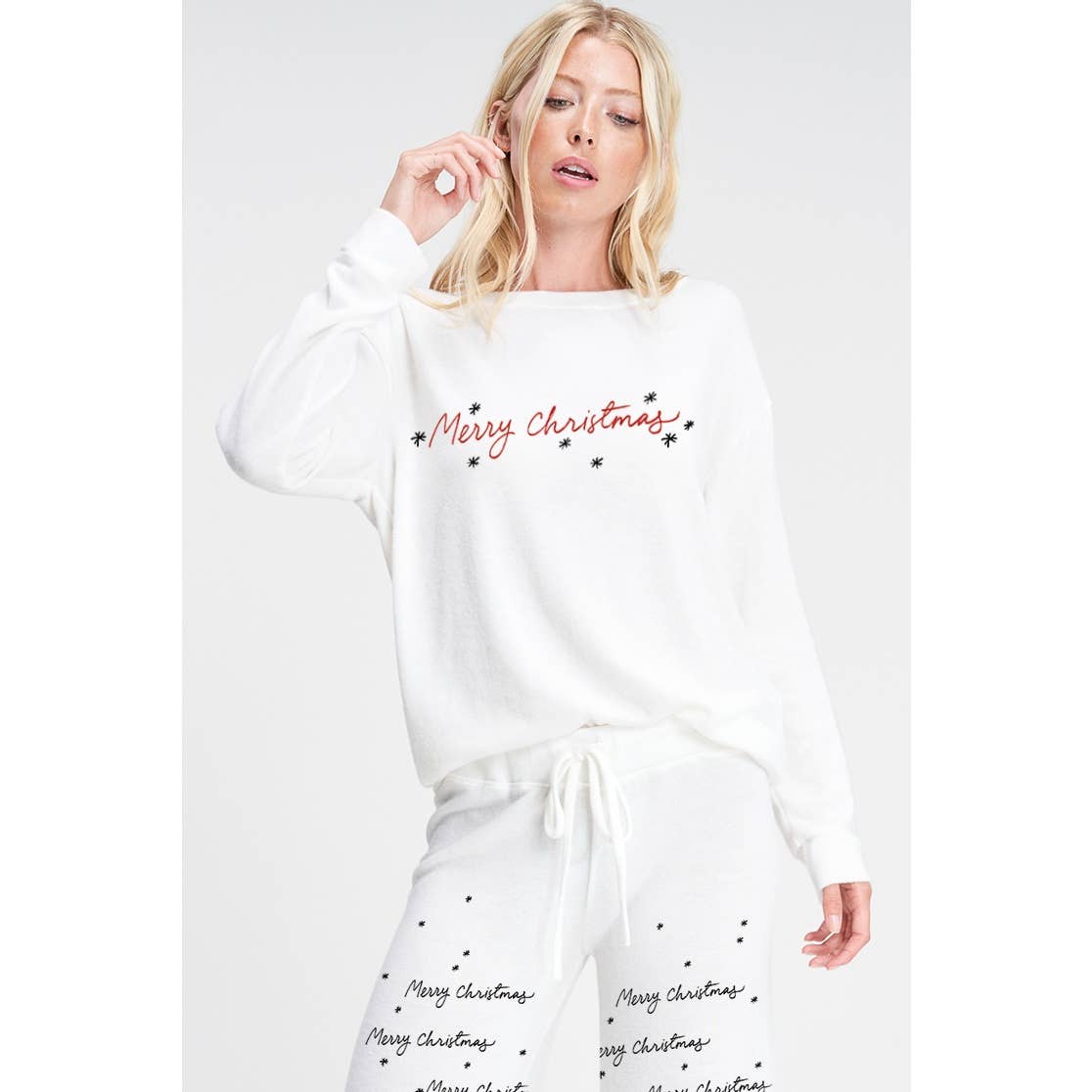 Merry Christmas print soft lounge wear set: Heather Grey / M