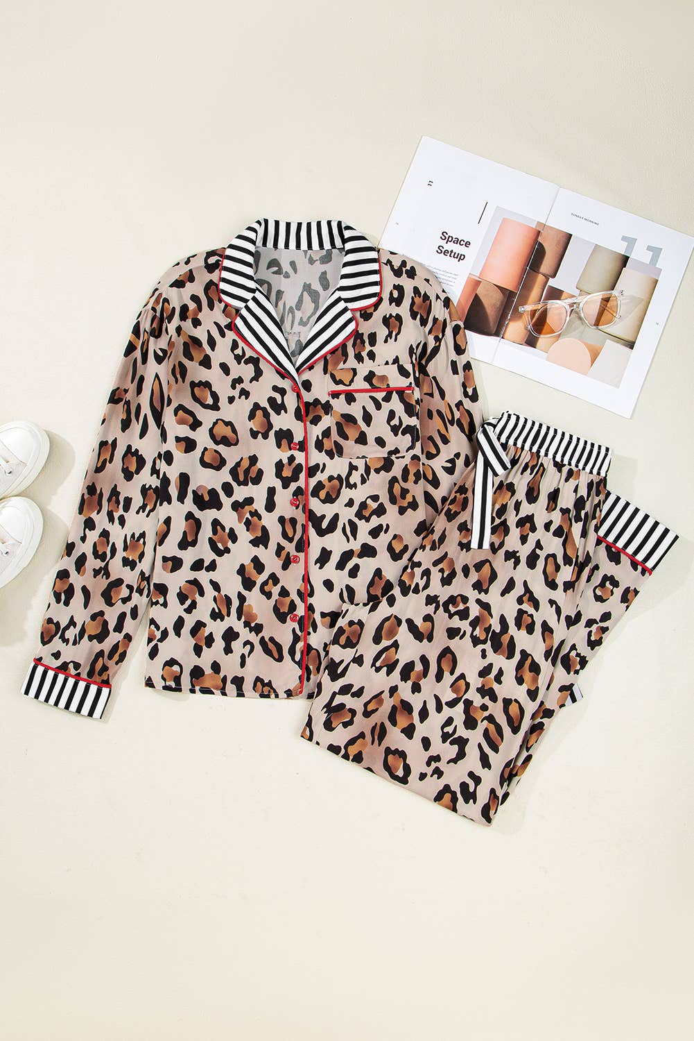 Leopard Print Striped Edge Shirt and Pants Pajama Set