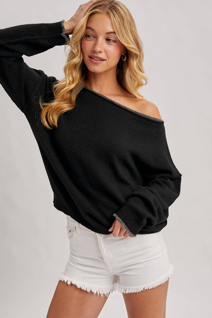 BOAT NECK ROLLED TRIM SOFT HEATHERED KNIT PULLOVER